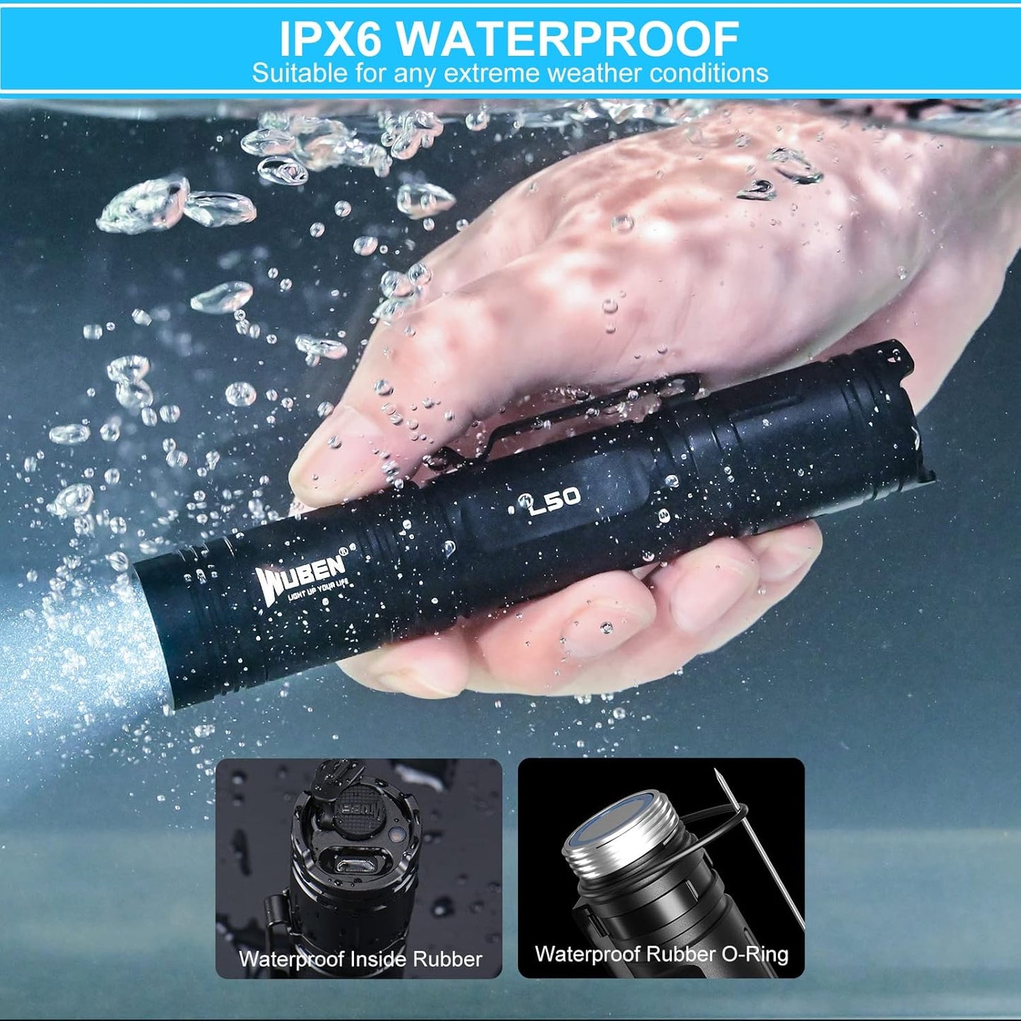 WUBEN L50 LED Torch Rechargeable Flashlight with High Lumens, 1200 Lumens Super Bright Pocket Torch, 5 Modes & IP68 Waterproof Handheld Tactical Flashlight for Camping, Hiking, Emergency, Gift (Black)