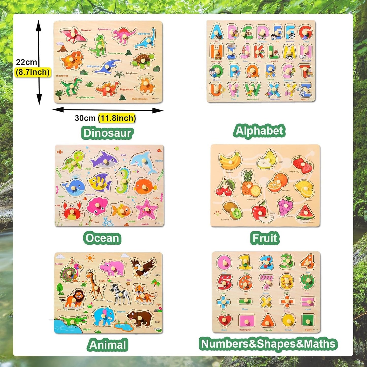 LOYUEGIYO 6PCS Toddler Wooden Peg Puzzle Toys for Age 2-4 3-5 Year Old Boys Girls,Educational Learning Sensory Toy,Puzzles for Toddlers Kids,Dinosaur&&Ocean&Alphabet&Number Shape&Animal&Fruit Puzzles