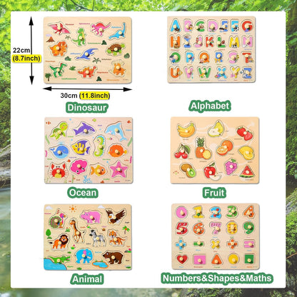 LOYUEGIYO 6PCS Toddler Wooden Peg Puzzle Toys for Age 2-4 3-5 Year Old Boys Girls,Educational Learning Sensory Toy,Puzzles for Toddlers Kids,Dinosaur&&Ocean&Alphabet&Number Shape&Animal&Fruit Puzzles