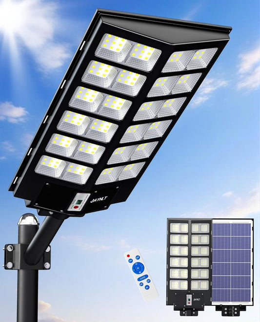 JAYNLT Y-9500W Solar Street Lights Outdoor,6500K Commercial Parking Lot Lights Dusk to Dawn, Waterproof Solar Security Flood Lamps with Motion Sensor and Remote for Yard, Garage, Driveway