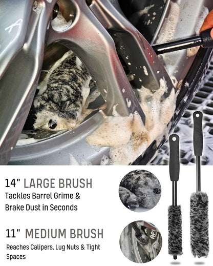 7PCS Pro-Grade Wheel Cleaning Kit: Long Handle Soft Wheel Brushes, Detailing Brush, Tire Scrubber, Wash Mitt, Hex-Logic Applicator & Microfiber Towel for Deep Car Detailing