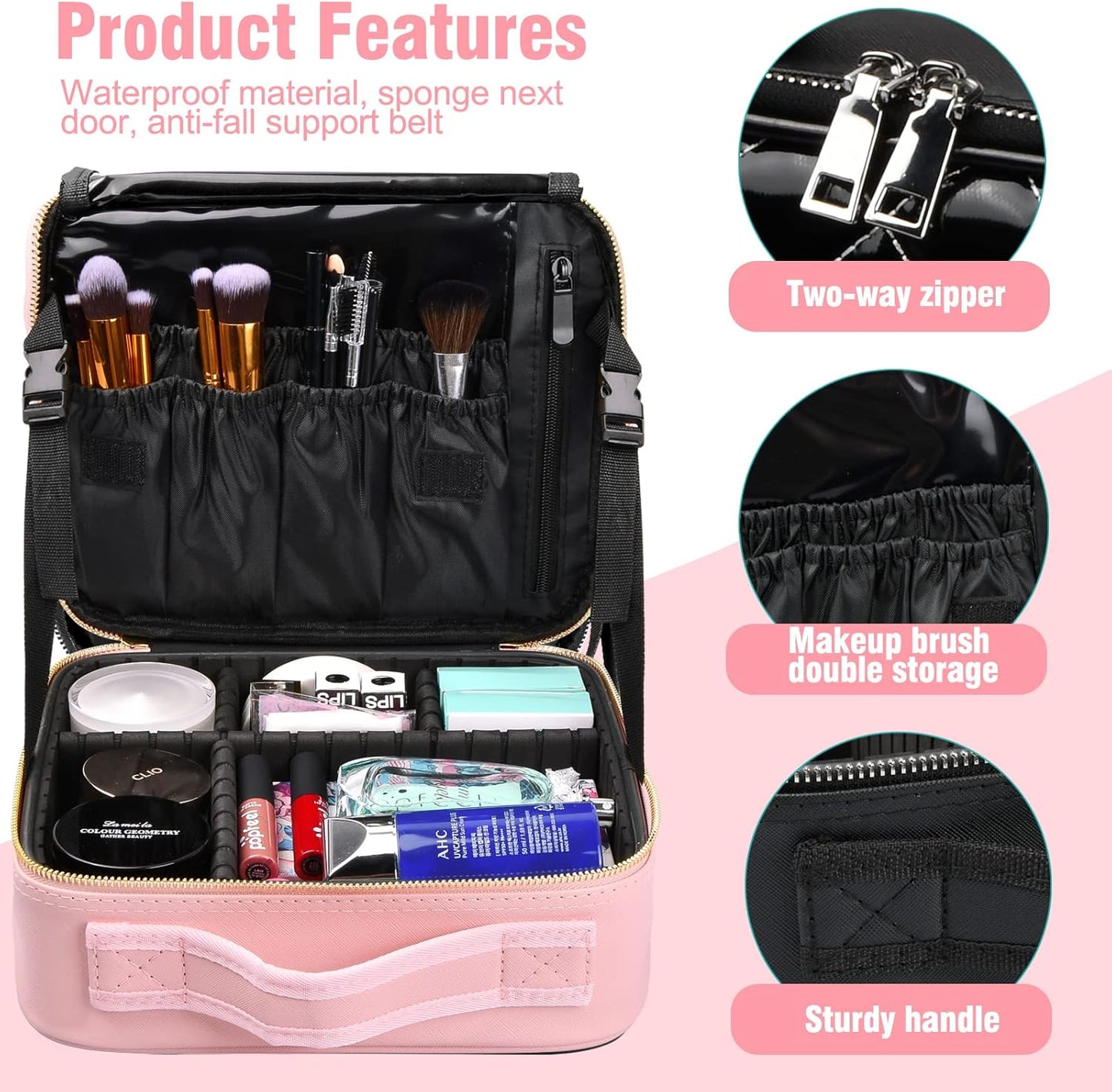 Chstarina Travel Beauty Case, Professional Makeup Bag, Women's Makeup Bag, Waterproof Makeup Bag, Bag with Adjustable Dividers Organizer, Travel Organizer, Pink, pink, makeup case