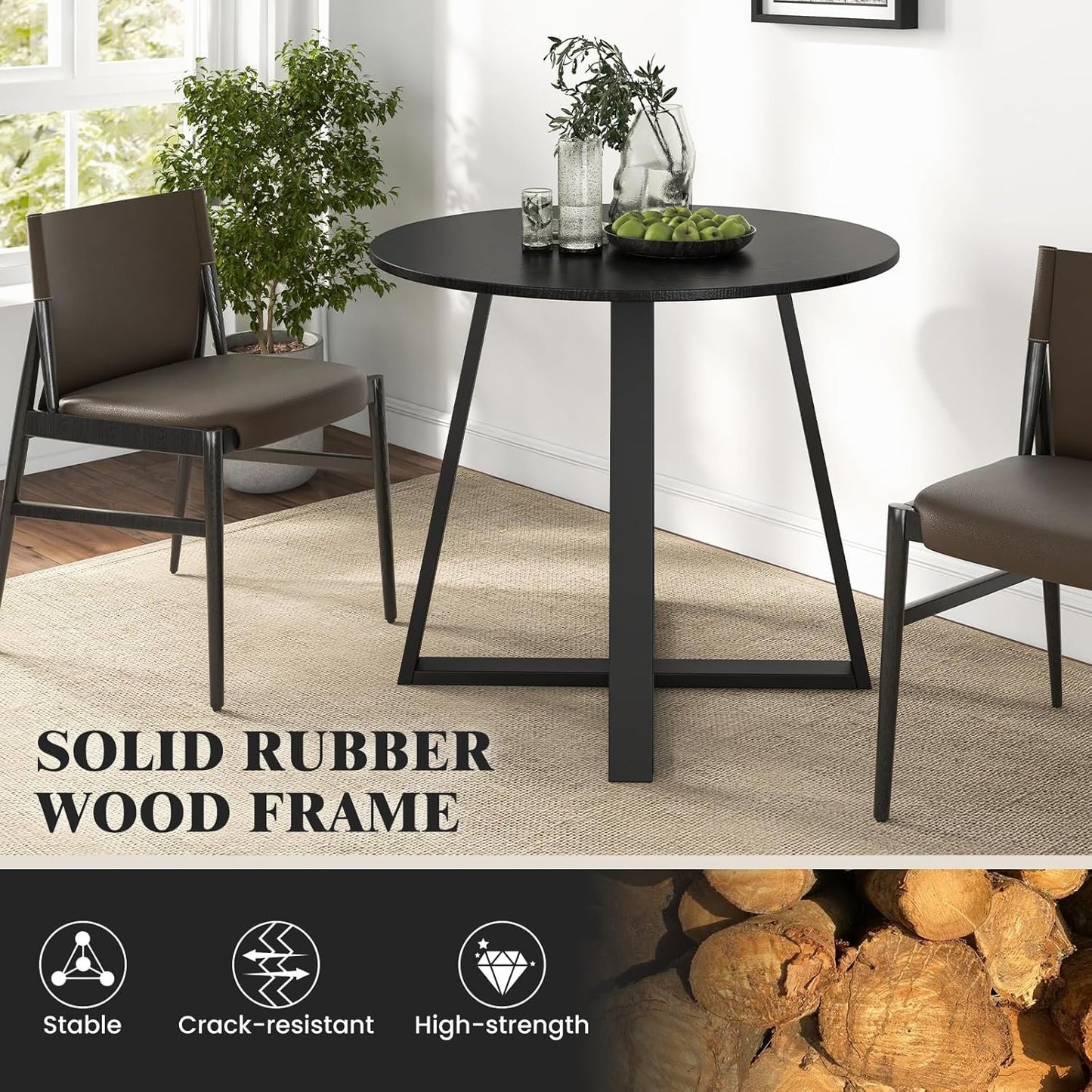 COSTWAY Round Dining Table, Kitchen Table for 4 People with Rubber Wood Frame, Pedestal Base, Farmhouse Rustic Dinning Room Table for Living Room Restaurant Breakfast Nook, Black