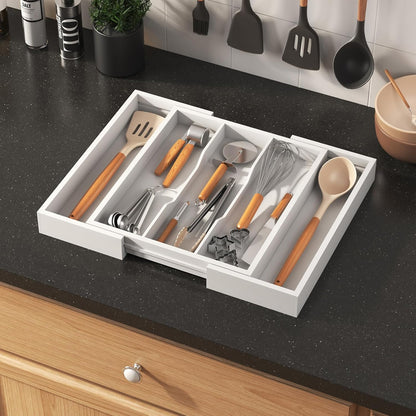 Lifewit Utensil Organizer for Kitchen Drawer, Expandable Cooking Utensil Tray, Bamboo Cutlery Silverware Flatware Holder, Adjustable Spatula Tools and Gadgets Storage Divider, Large, White