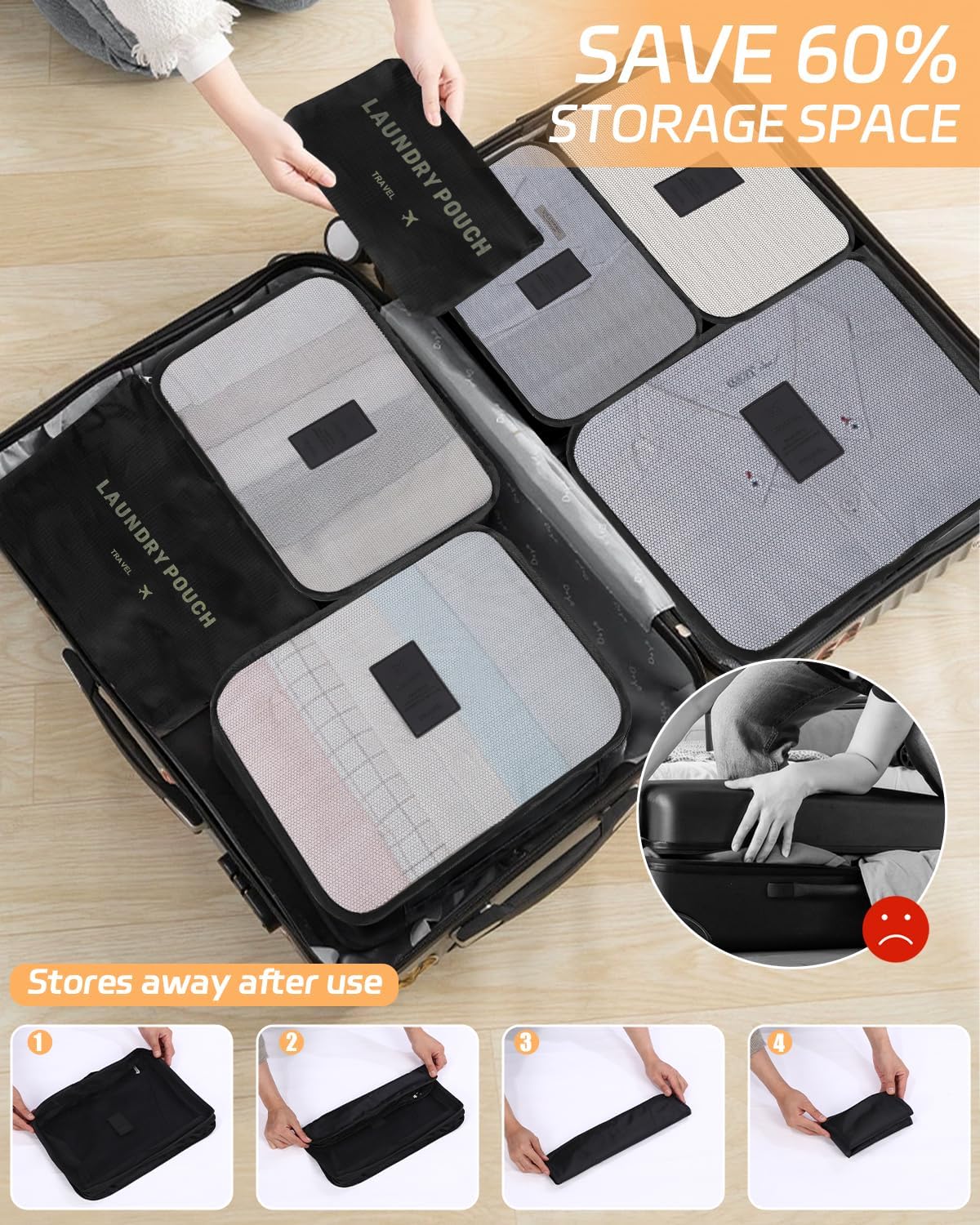 SOBEAU 12-Piece Suitcase Organizer Set, Suitcase Organizer, Packing Cubes for Travel, Bags for Clothes, Shoes, Classified Storage, Waterproof, Space-Saving (Black)