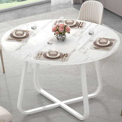 LVB White Faux Marble Round Dining Table, Circle Dining Table Kitchen 4-6 People, Mid-Century Pedestal Dinner Office Living Room, White Marble, 51 Inch