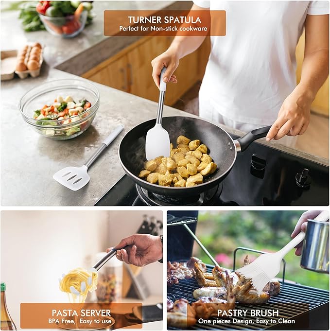 HOTEC Heat Resistant Silicone Kitchen Utensils, Cooking Utensil Set, Spatula Set, BPA Free, Kitchen Gadgets, Utensils Holder, Dishwasher Safe, 14pcs White