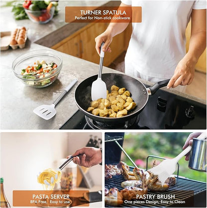HOTEC Heat Resistant Silicone Kitchen Utensils, Cooking Utensil Set, Spatula Set, BPA Free, Kitchen Gadgets, Utensils Holder, Dishwasher Safe, 14pcs White