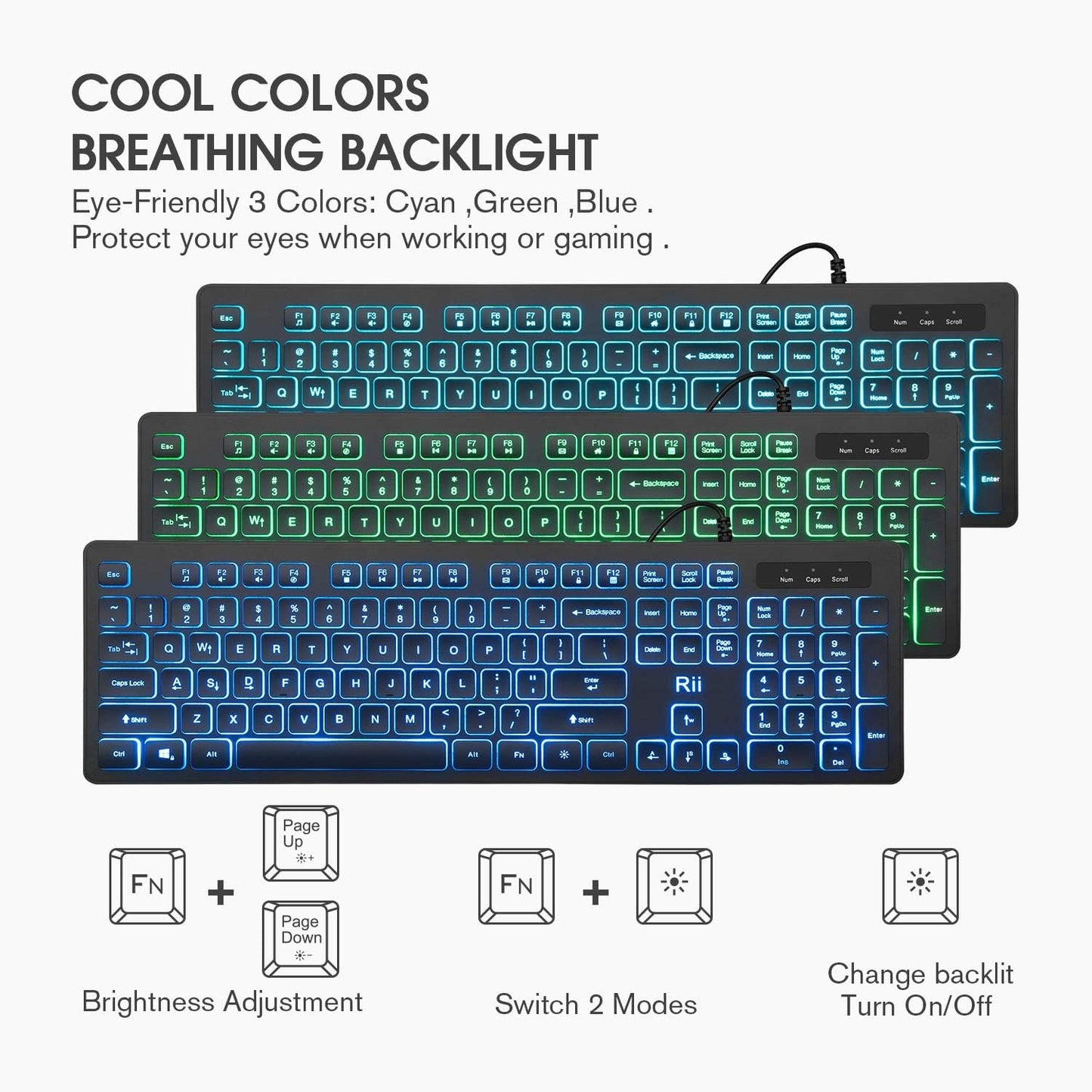 Rii Three Colors Backlit Keyboard and Mouse, Wired Keyboard and Mouse Combo, USB Keyboard and Mouse Set,Quiet Input Gaming Keyboard,Optical RGB Mouse for School,Office,Business and Gaming