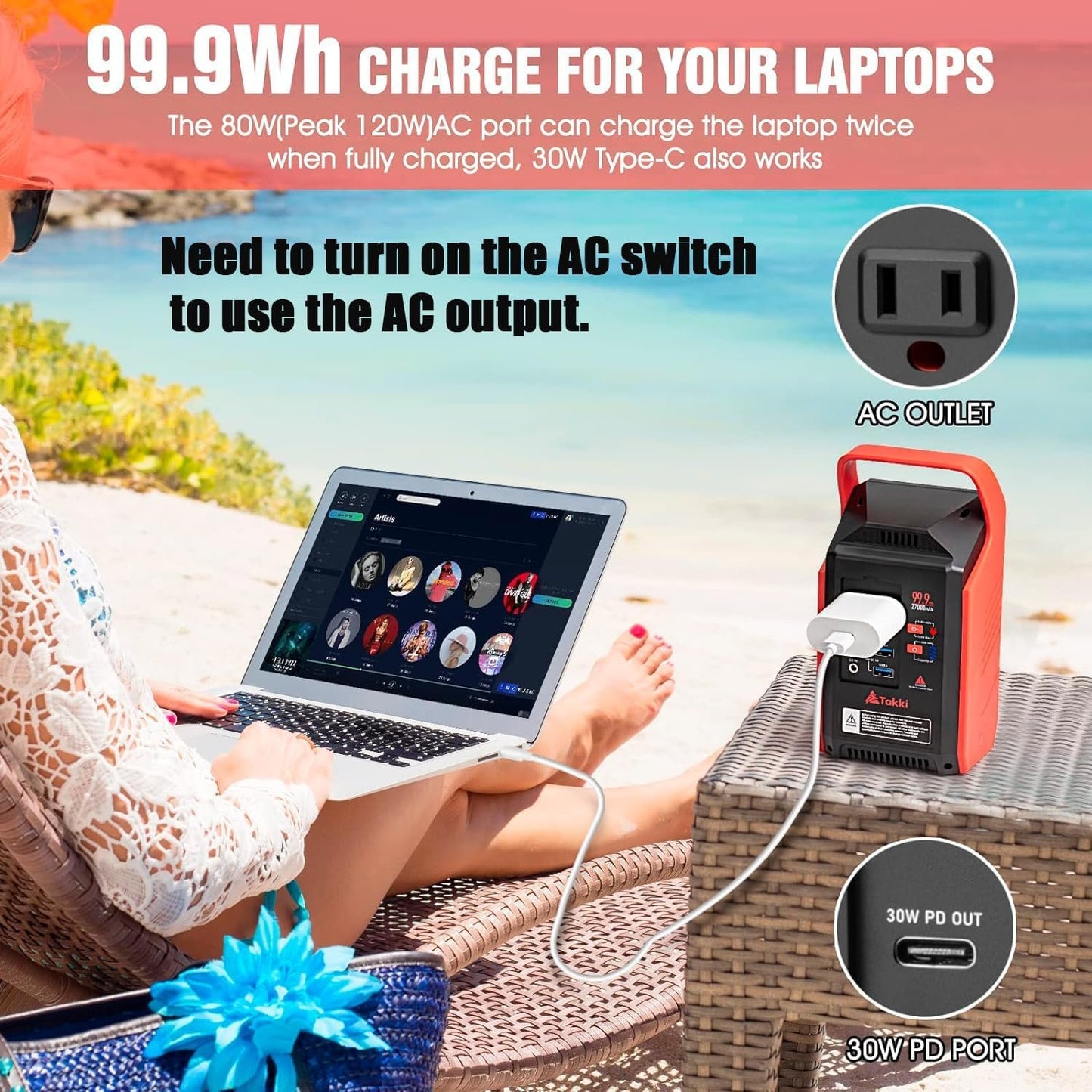 Takki Power Bank 99Wh with Camping Gear Lights 110V AC Outlet Battery Backup for Camping Home Laptop Road Trip Emergency Hurricane Supplies