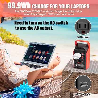Takki Power Bank 99Wh with Camping Gear Lights 110V AC Outlet Battery Backup for Camping Home Laptop Road Trip Emergency Hurricane Supplies