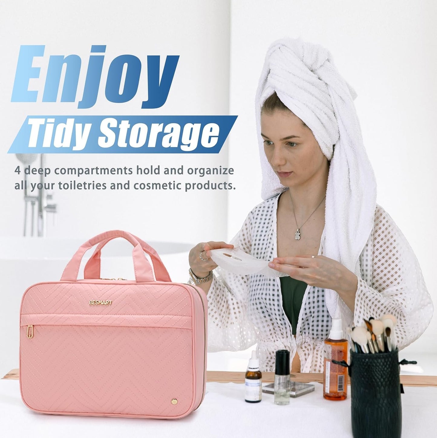 BESMART Travel Hanging Toiletry Bag for Women, Waterproof Makeup Organizer Washbags with Wet Pocket, Large Capacity Embroidery Cosmetic Bag for Trip/Workout//Holiday/Outdoor (Pink)