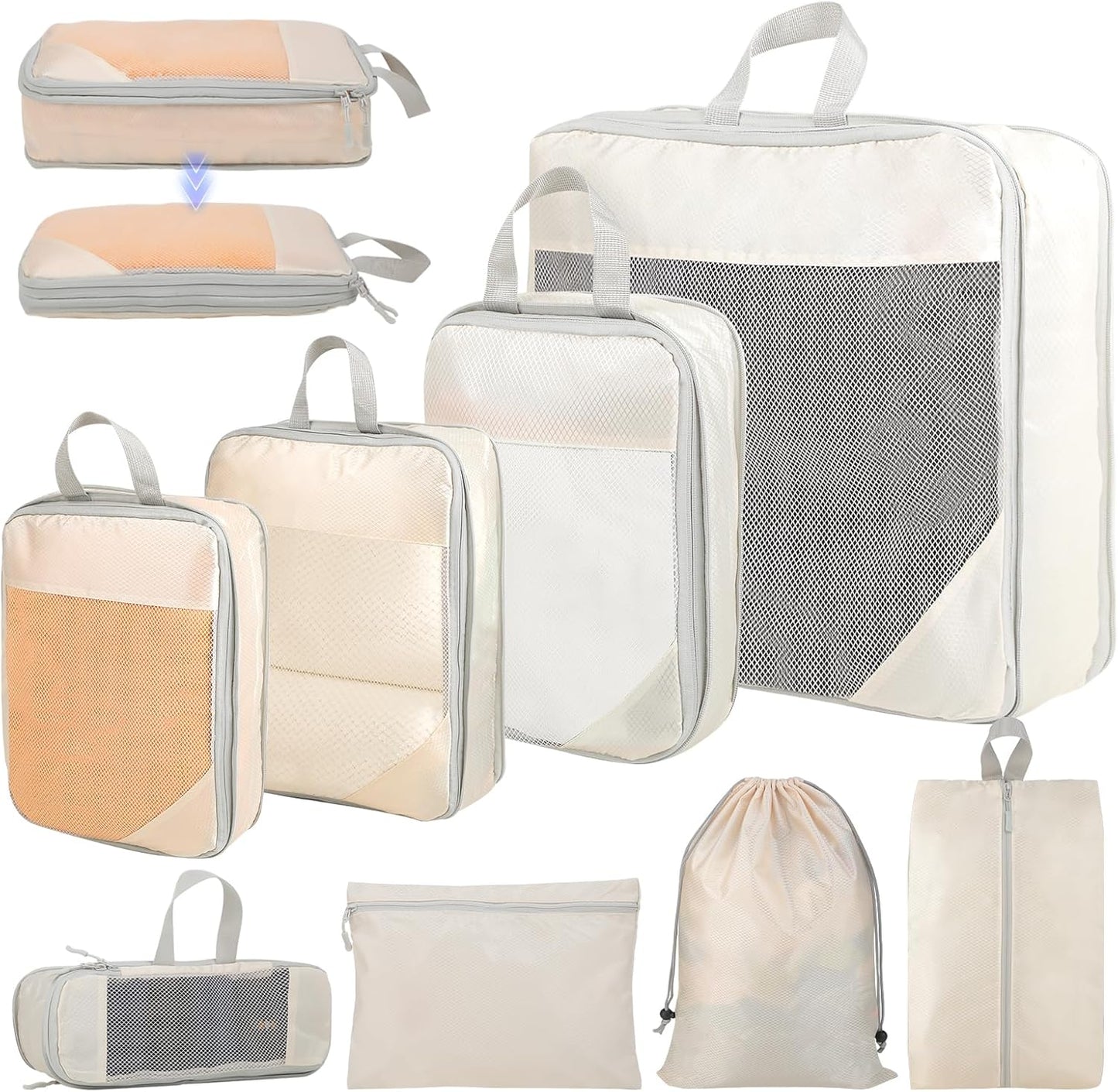 Suitcase Organizer – 8 Pieces Compression Cube Set for Luggage – Lightweight Suitcase Organizer – Travel System with Multiple Compartments, Ideal for Romantic Weekend and Business Travel (Beige)