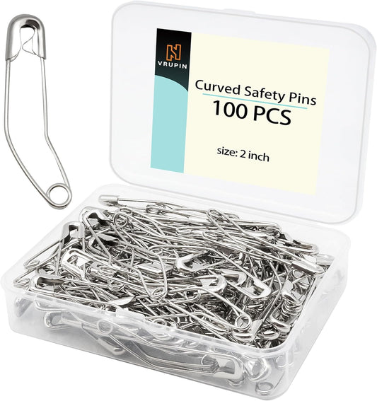 Generic Stainless Steel Curved Safety Pins for Quilting, Safety Pins Bulk Metal Silver Sewing Pins Clothing Clips Tool Decorative Safety pins (2.2inch-100pcs)
