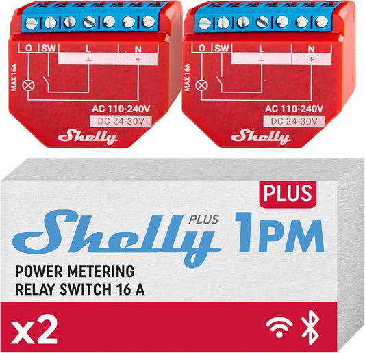 Shelly Plus 1PM WiFi & Bluetooth Smart Relay Switch with Power Metering Home Automation Compatible with Alexa & Google Home iOS Android App No Hub Wireless Lighting Control (Pack of 2)