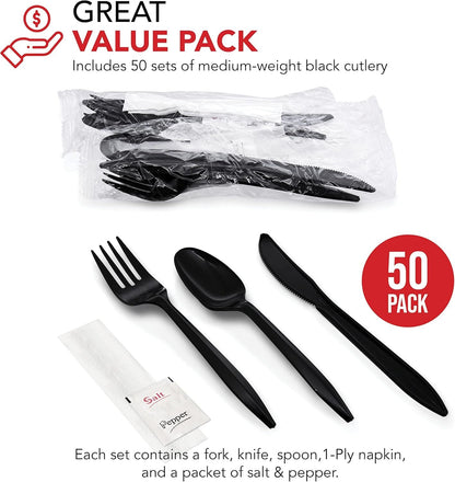 Party Essentials Individually Wrapped Plastic Cutlery Packets/Silverware Kits, Black Fork/Spoon/Knife/Napkin/Salt/Pepper, 50 Sets