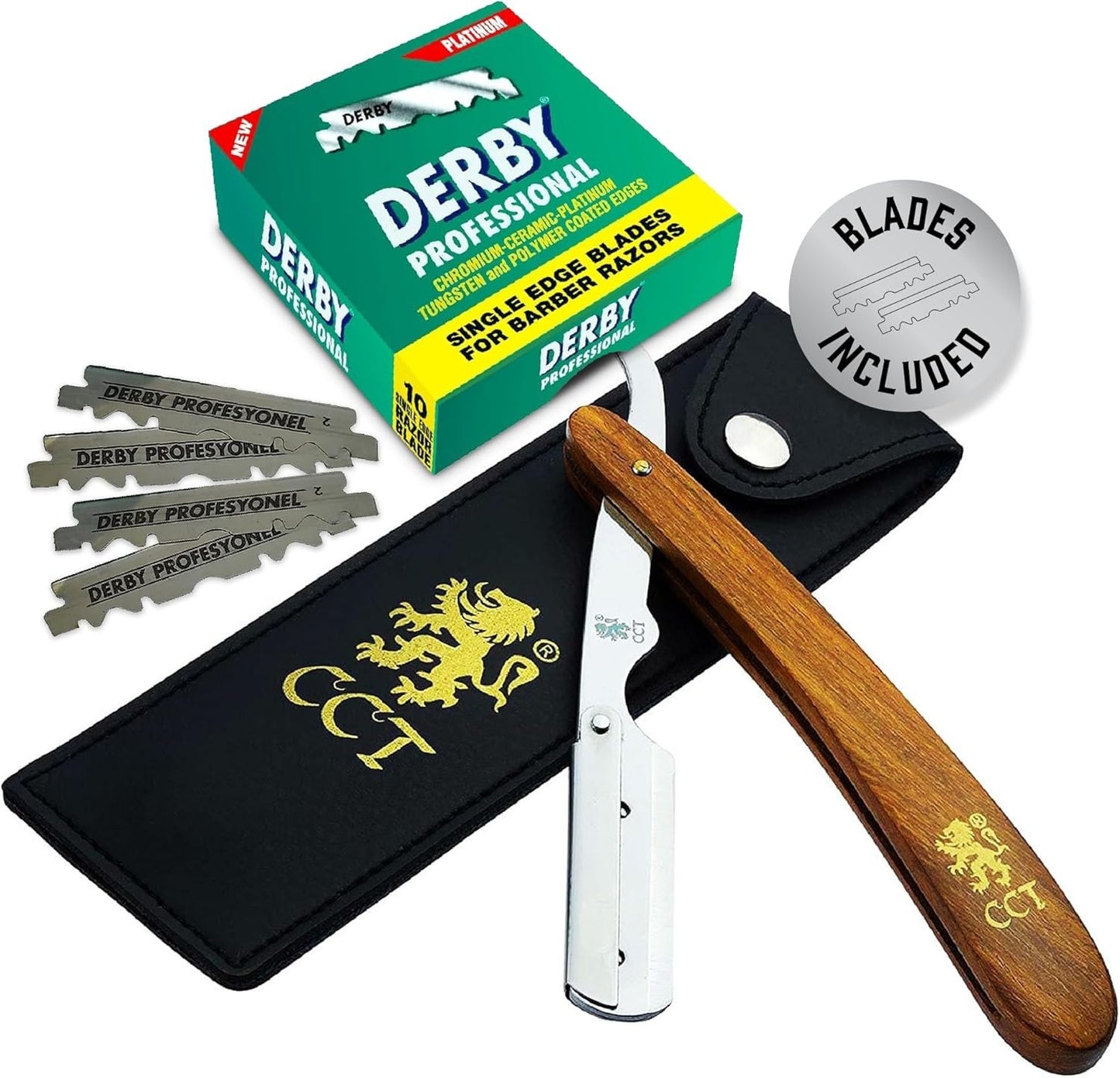 The Cambridge Cutthroat® Cut Throat Razor Kit with Blades & Travel Pouch - Missanda Hardwood & Stainless Steel Professional Barber Shaver Men - Straight Edge Moustache & Beard Shaper