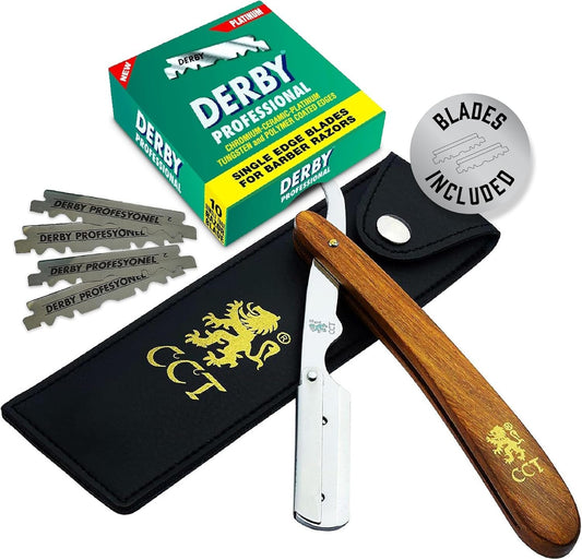 The Cambridge Cutthroat® Cut Throat Razor Kit with Blades & Travel Pouch - Missanda Hardwood & Stainless Steel Professional Barber Shaver Men - Straight Edge Moustache & Beard Shaper