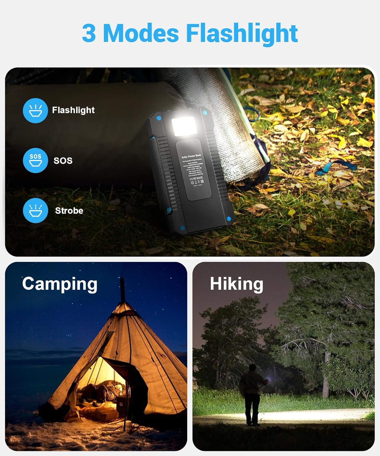 Solar Power Bank 38800mAh with 4 Solar Panels, Power Bank USB-C 18W Fast Charge for Compatible Phones, IP67 Waterproof Outdoor External Batteries with Flashlight Light/SOS/Strobe