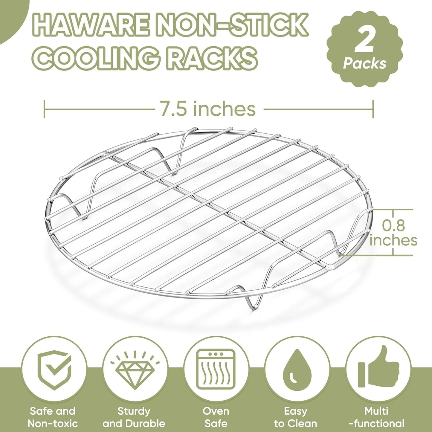 HaWare Round Cooling Rack, Stainless Steel Steaming Roasting Baking Wire Rack Set of 2, Multi-purpose for Air-fryer Canning Pressure Cooker Stockpot Round Cake Pan, Oven & Dishwasher Safe (7.5 Inches)