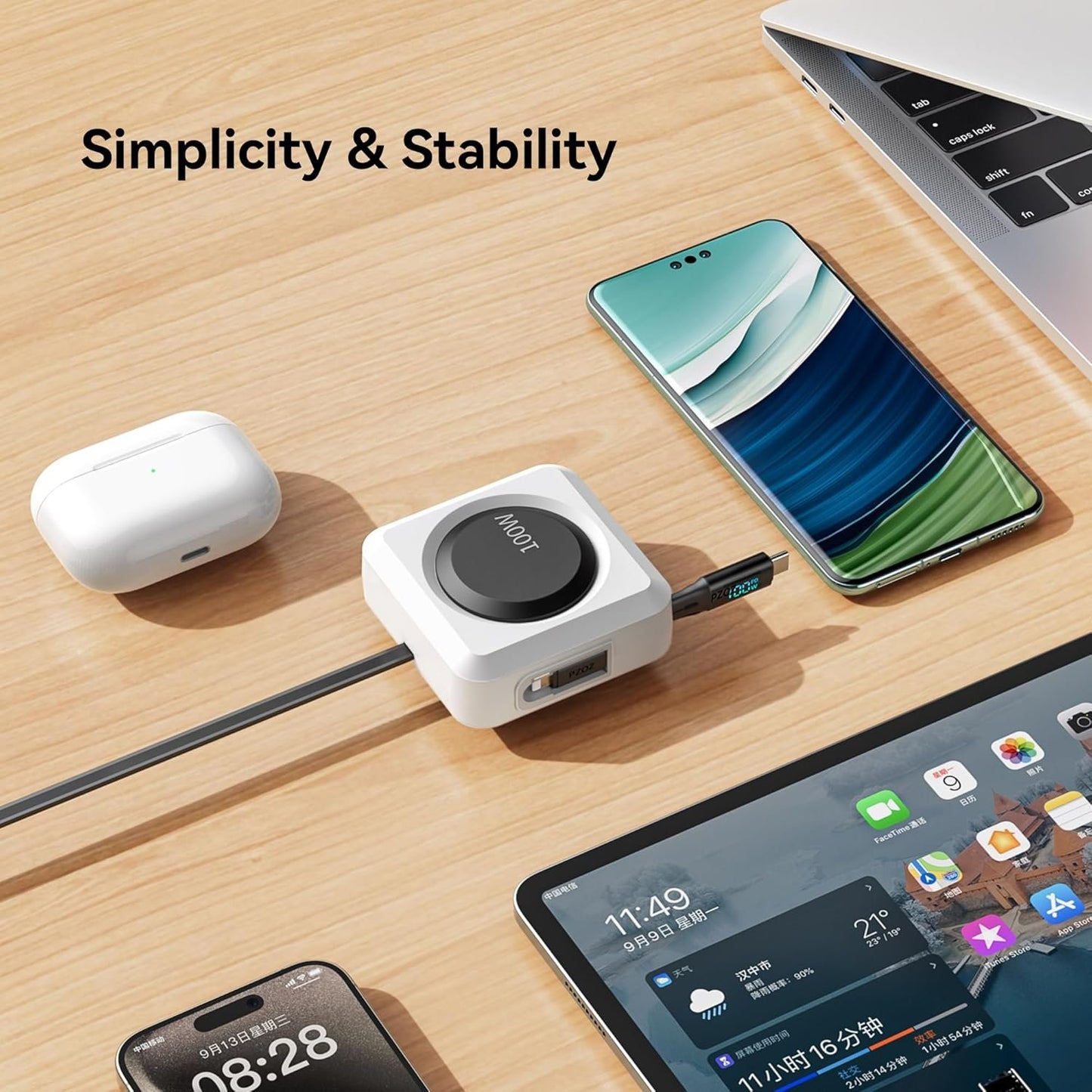 PZOZ 100W Retractable USB C Cable with LED Display, USB Multi Charging Cable with Lightning Micro Adapter Ports for iPhone 16 15 14 iPad Mac Samsung, Stickable Desktop Management Cord (1.5m)