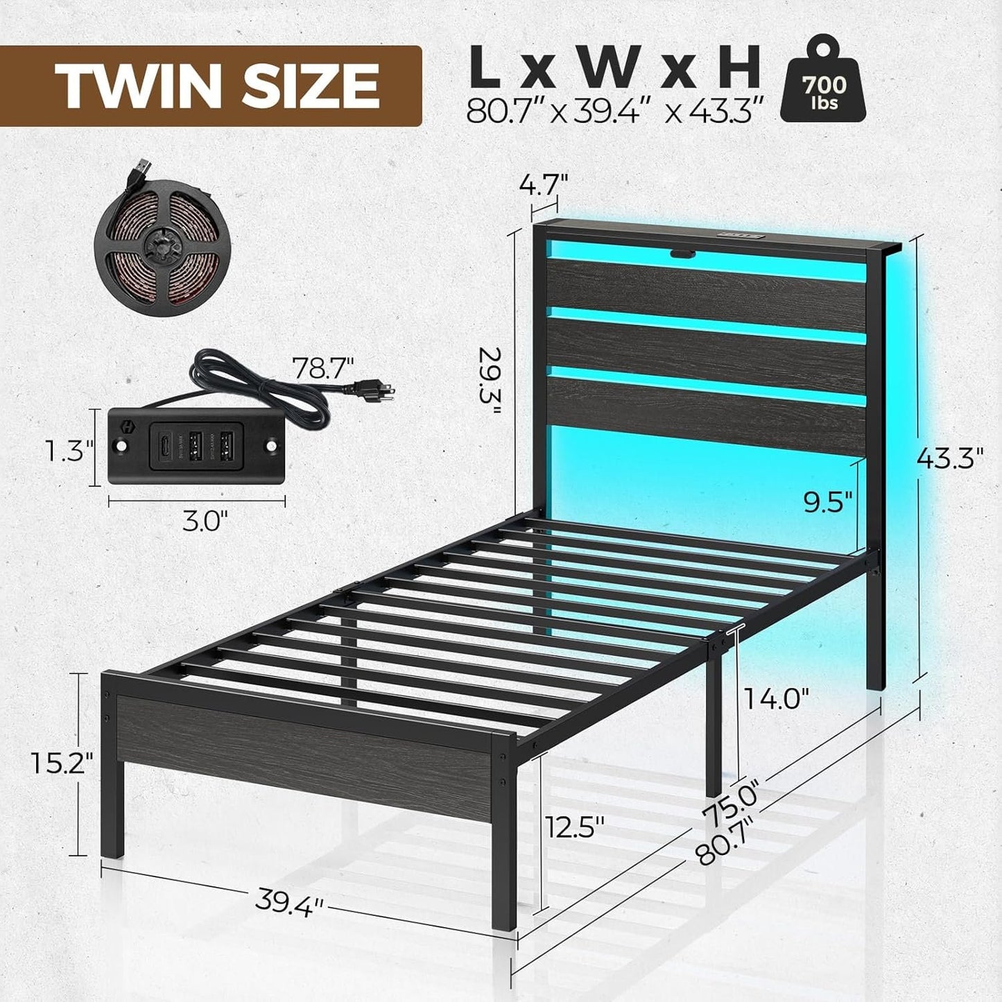 Rolanstar Bed Frame Twin Size with USB Charging Station, LED Bed Frame with Wood Storage Headboard, Black Single Metal Platform Bed with Under Bed Storage, No Box Spring Needed, Noise Free