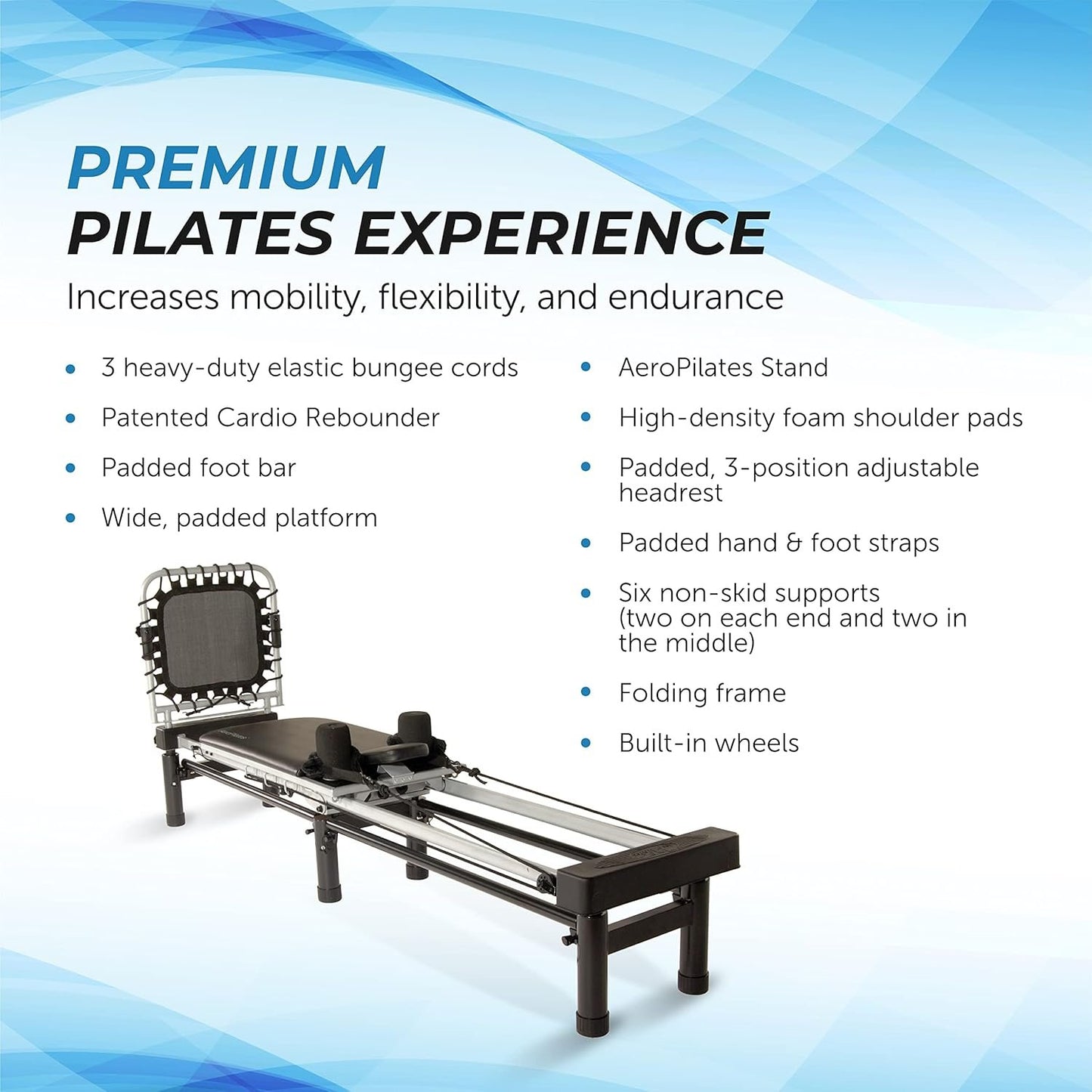 Stamina Products AeroPilates Reformer 651 Whole Body Resistance Pilates Workout Board Machine for Home Gym w/ 10 Inch Stand & Foldable Frame w/ Wheels