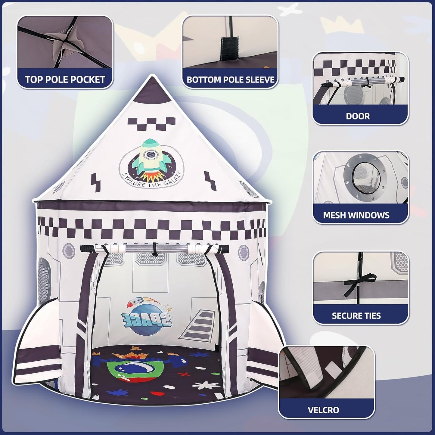 Rockets Kids Play Tent for Indoor Outdoor Astronauts Spaceship Play Tent Kids Large Playhouse Pop Up Tent Rocket Planets Space Kids Play Tent for Boys & Girls Birthday Gift