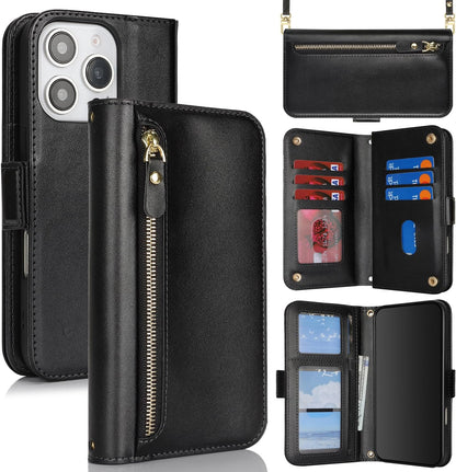 Cavor Crossbody Wallet for iPhone 16 Pro Max 6.9'' Case Leather Flip Cover Zipper Coin Purse Card Slots Photo Holder Kickstand Shoulder Strap Magnetic Shockproof Phone Cases-Long Lanyard Black