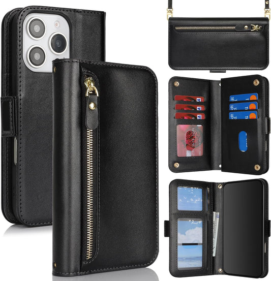 Cavor Crossbody Wallet for iPhone 16 Pro Max 6.9'' Case Leather Flip Cover Zipper Coin Purse Card Slots Photo Holder Kickstand Shoulder Strap Magnetic Shockproof Phone Cases-Long Lanyard Black