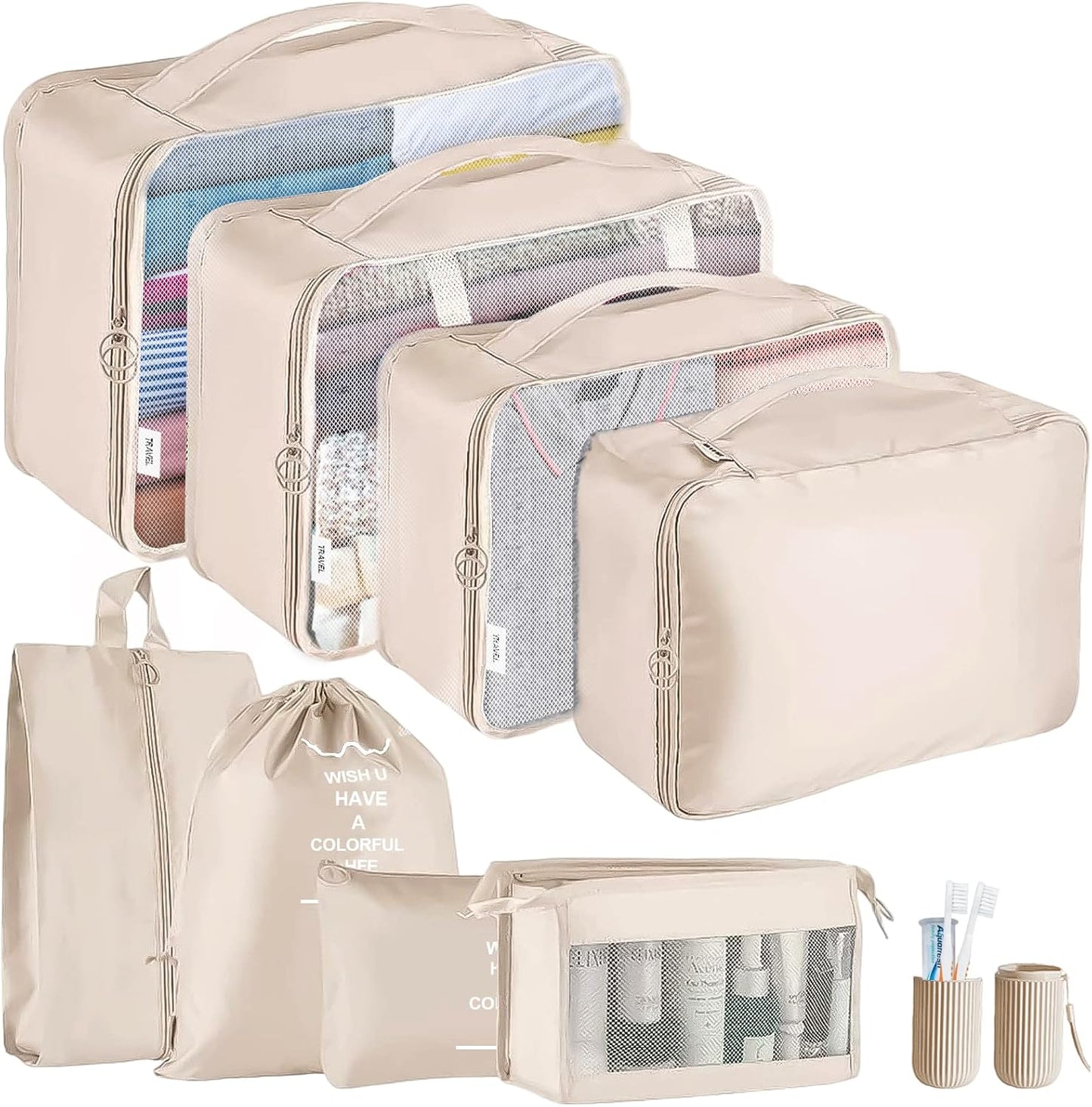 Jsdoin Suitcase Packing Cubes, 9 Pieces Travel Organizer for Backpack, Waterproof Travel Essential Bag, Travel Accessories (Beige)