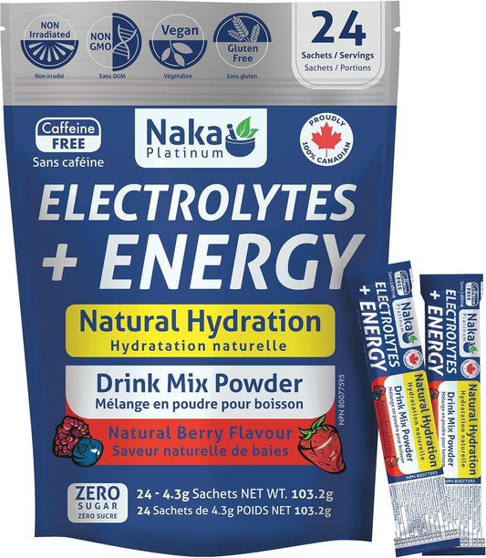 Naka Electrolytes + Energy, Natural Hydration Drink Mix powder, Berry Flavour, Caffeine Free, Botanical Boost with Beetroot, Hawthorn Berry and Ginseng, Made in Canada (24 sachets)