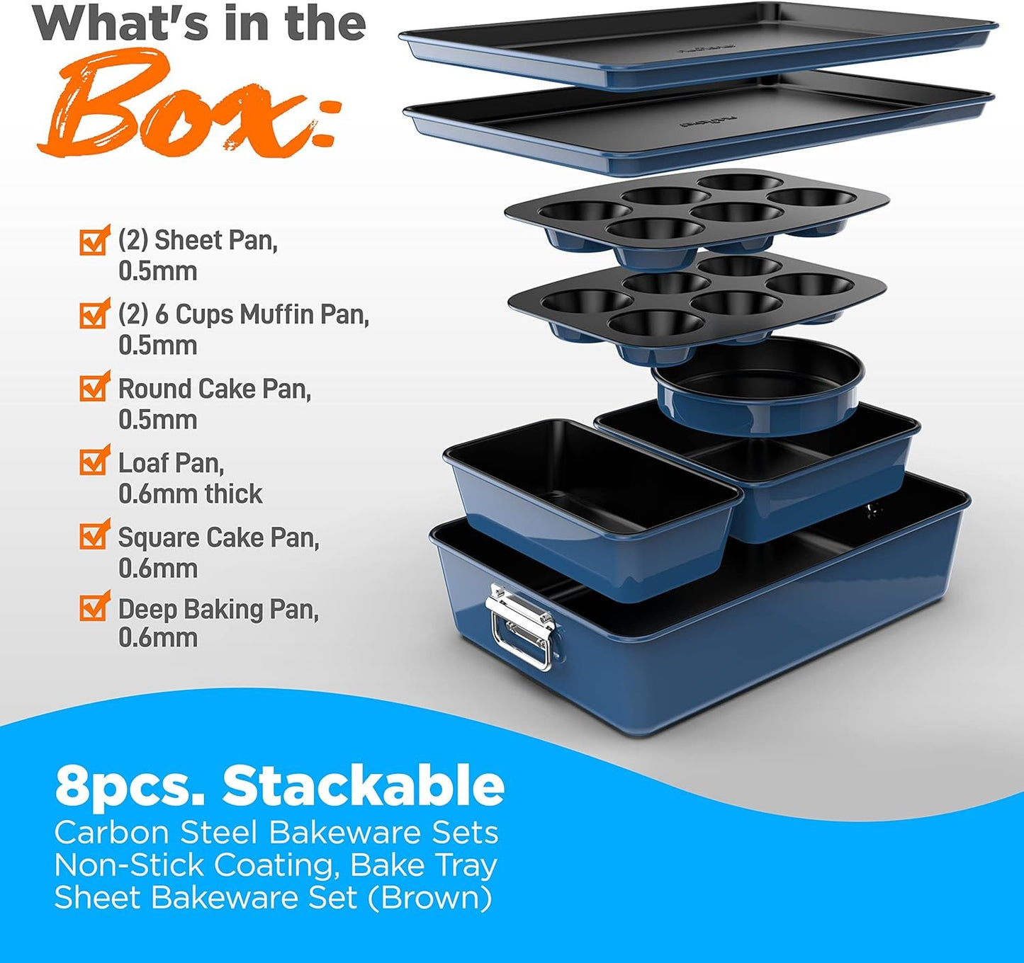 NutriChef, Baking Set, Baking and Cookie Sheets for Oven, Nonstick Stackable Bakeware Tray, Essential Baking Supplies, 8 Piece, Blue