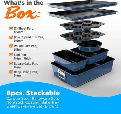NutriChef, Baking Set, Baking and Cookie Sheets for Oven, Nonstick Stackable Bakeware Tray, Essential Baking Supplies, 8 Piece, Blue