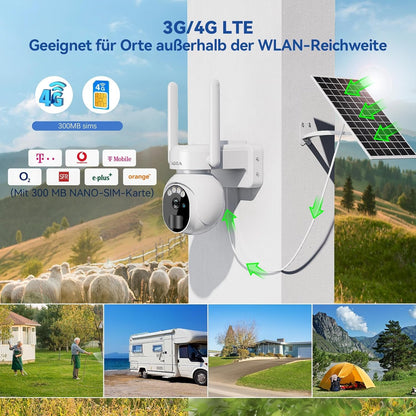 Xega 3G/4G LTE Security Camera No WiFi with SIM Card 2K HD PTZ Solar Powered Wireless Outdoor Security Camera PIR Motion Sensor Night Vision 2-Way Talk IP66
