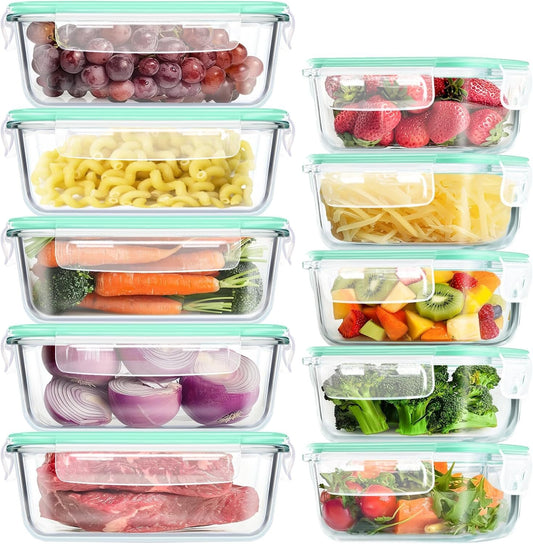 KITHELP 10 PACK 1050ml & 370ml Glass Food Storage Containers with Airtight Lids - Glass Meal Prep Containers - Microwave, Oven, Freezer and Dishwasher Safe, BPA-free