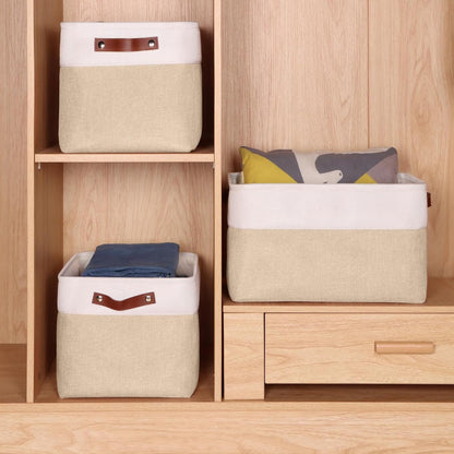 KEEGH Fabric Storage Bins,15 x 10.5 x 9.5 Foldable Storage Baskets Large Collapsible Organizer Baskets 3-Pack with Leather Handle for Home Nursery Organization,White/Brown