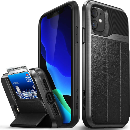 Vena vCommute Wallet Case Compatible with Apple iPhone 11 (6.1"-inch 2019), (Military Grade Drop Protection) Flip Leather Cover Card Slot Holder with Kickstand - Space Gray