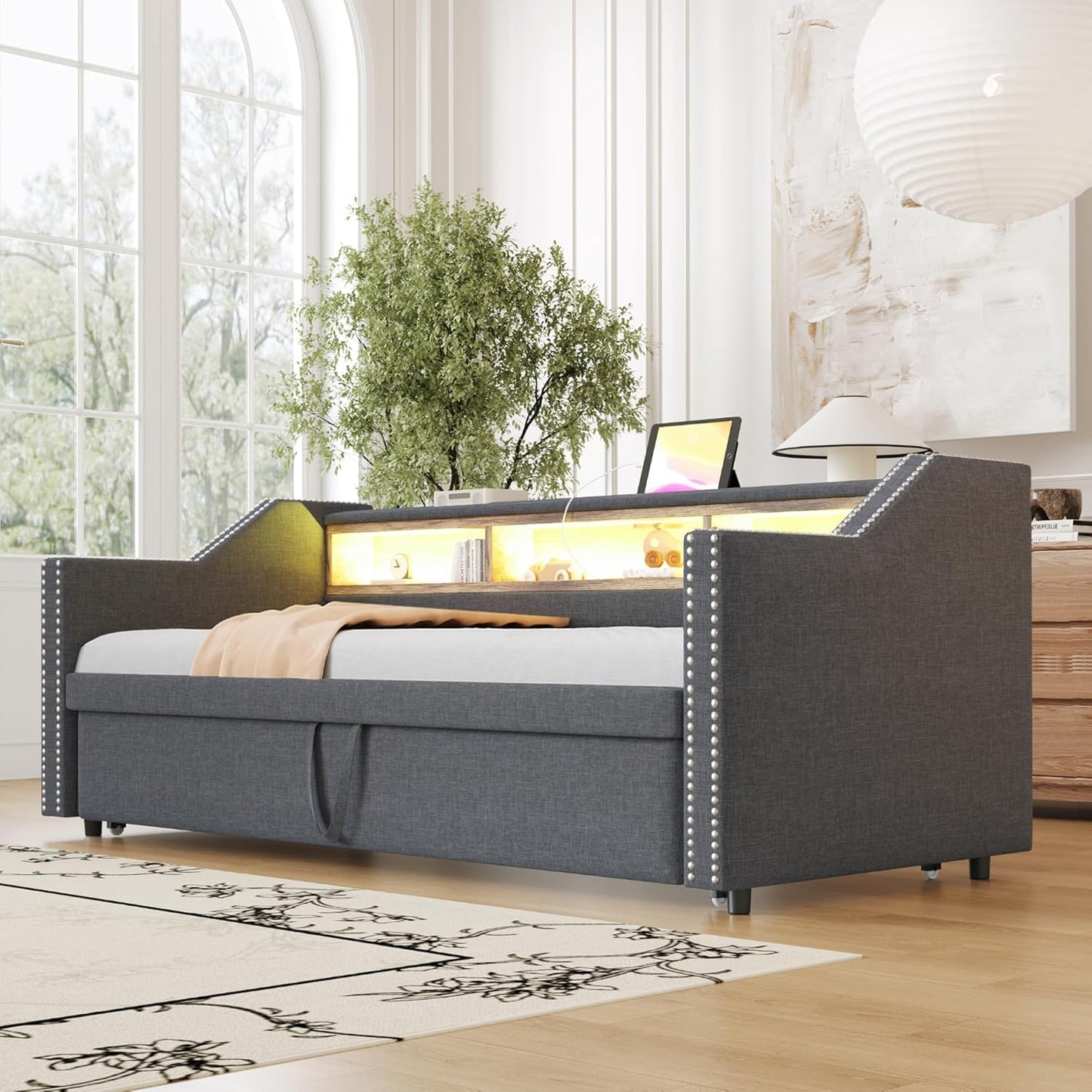 Lubvtti Trundle Sofa Bed 90/180 x 190 cm with Multi-Function Storage Box with LED Lighting and USB Socket, Dark Grey (Mattress Not Included)