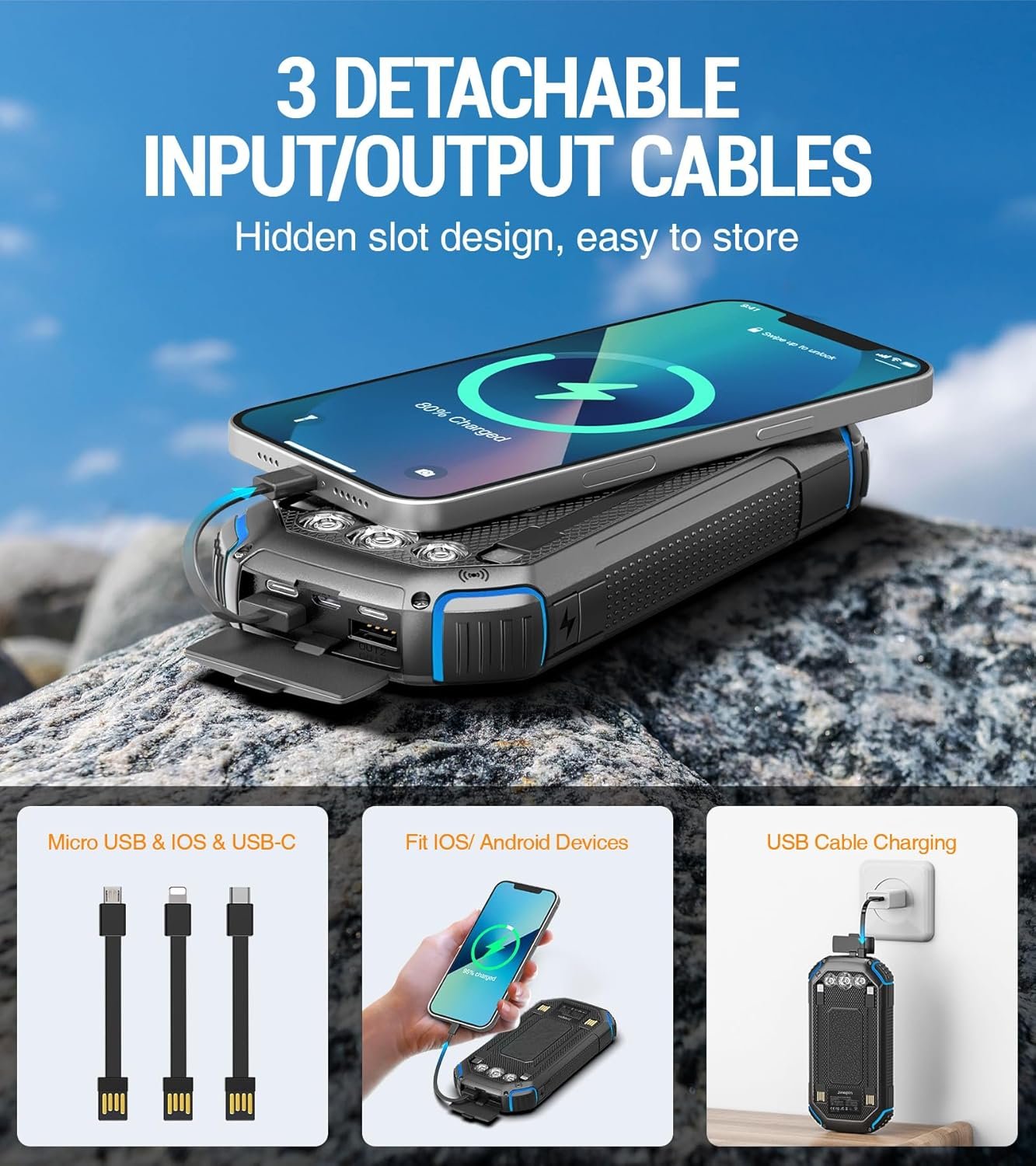 Wireless-36000mAh-Power Bank, Portable Battery Pack with 3 Built-in Cables, Waterproof Solar Charger 4 Outputs 3 Inputs, USB C 3 LED Flashlight, Solar Battery Bank for iPhone Tablet