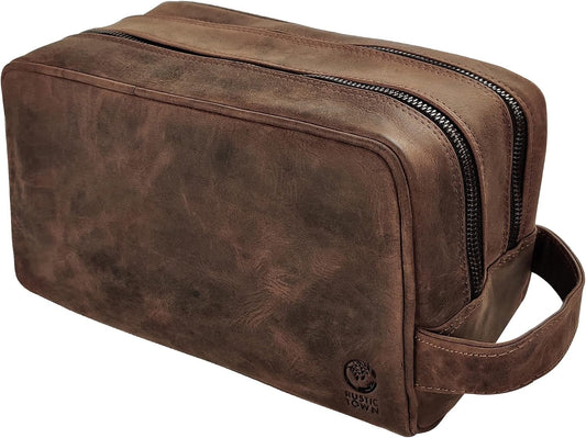 Genuine Leather Travel Toiletry Bag - Dopp Kit Organizer by Rustic Town (Dark Brown)