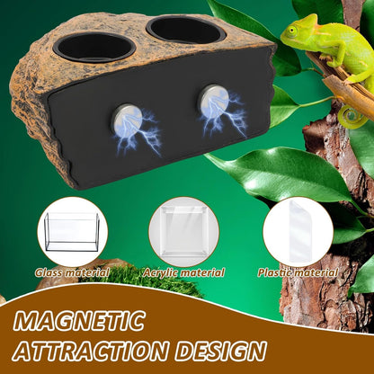 Reptile Magnetic Feeder Ledge, Reptile Food Water Dish with 2Pcs Bowls, Double Bowl Gecko Feeder Ledge, Reptile Feeding Bowl, Lizard Feeding Ledge for Lizard Crested Gecko