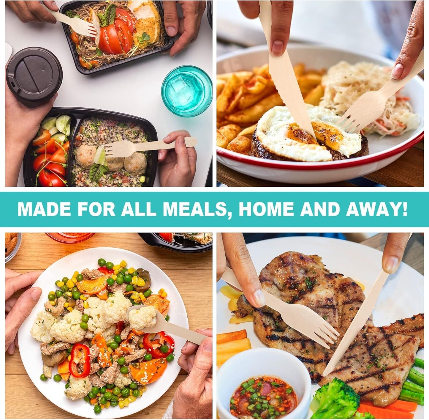 (150 Count) Disposable Wooden Cutlery Set - Alternative to Plastic Cutlery, Eco Friendly, Biodegradable, Compostable Cutlery Set - 50 Wood Spoons, 50 Wooden Knives, 50 Wooden Forks Disposable Utensils