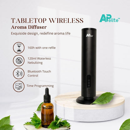 Apelite Aroma Diffuser, Waterless Essential Oil Diffuser,120ml, Bluetooth Touch Control, Aluminium, Tabletop Essential Oil Diffuser, Twin Fluid Nebulization, 160h per Refill, for Home, Office