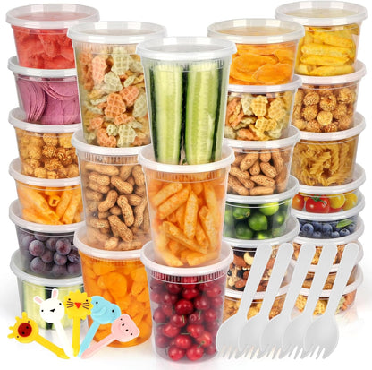 [60 Pack,3 Sizes] Food Storage Containers with Lids, 50 Pack 8oz, 16oz, 32oz Airtight Deli Food Container w 10 Spoons, BPA-Free Leakproof Takeout Meal Prep Dishwasher Safe (60 Pack,3 Mixed Size)