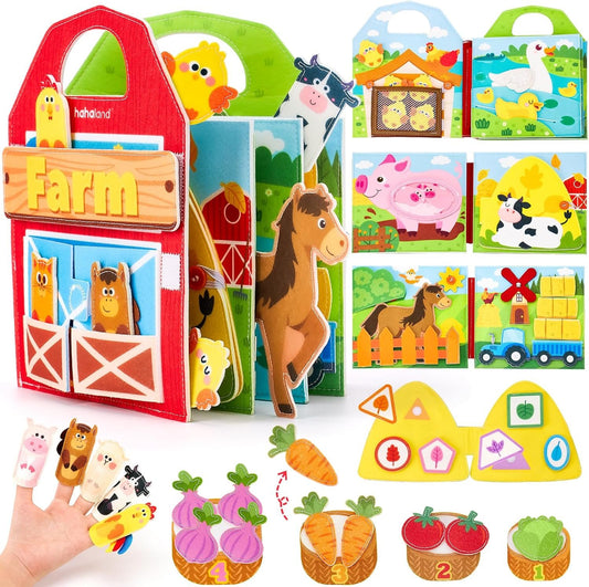 hahaland Montessori Busy Books for 1 Year Old, Farm Animals Busy Board for Toddlers 1-3 Montessori Toys 1 Year Old Boy Girl, Early Education, Independent Learning, Self-Exploration Travel Toys