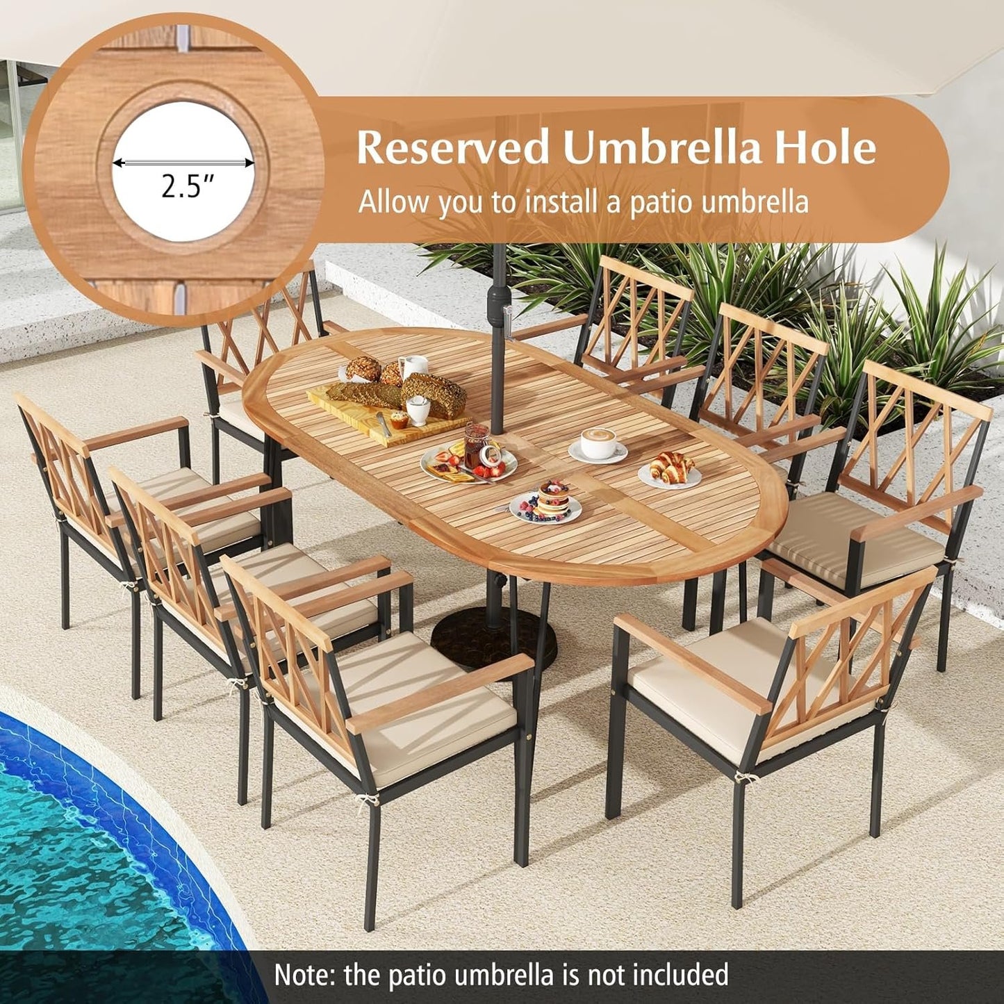 Tangkula 79-Inch Patio Dining Table, Indoor & Outdoor Dining Table w/Umbrella Hole, Acacia Wood Tabletop & Sturdy Metal Legs, Wood Oval Table for 8 People for Patio Yard Garden Deck