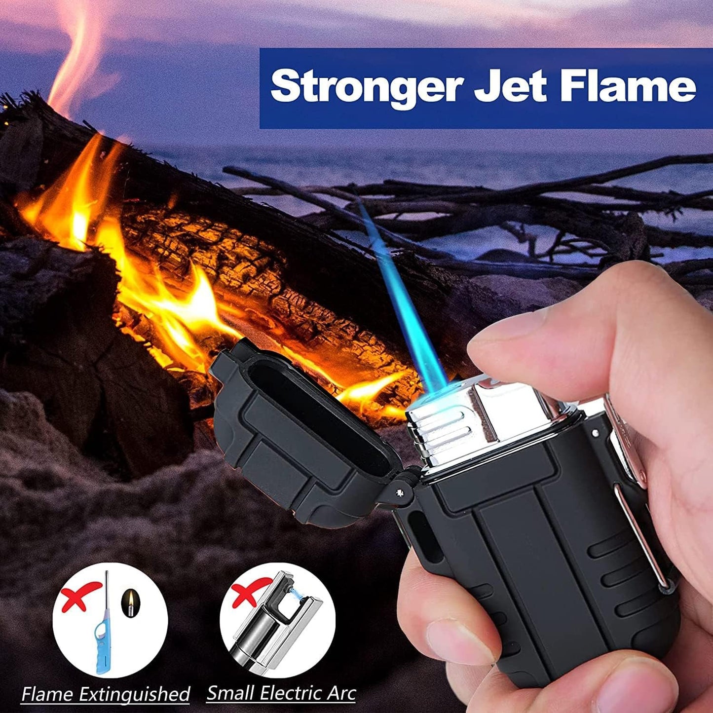 Waterproof Outdoor Lighter, Refillable Wind Proof Butane Lighters, Adjustable Jet Flame Lockable Lighter, Fireplace Fireworks Camping Barbecue Lighter, Black (excluding Butane Gas)