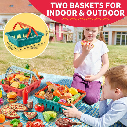 Comirth Play Food Sets for Kids Kitchen-80PC Pretend Food with 2 Kids Picnic Basket, Toy Food with Pizza Toy, Plastic Food Cutting Toys, Play Kitchen Accessories - Fake Food, Boys Girls Toddlers Gifts