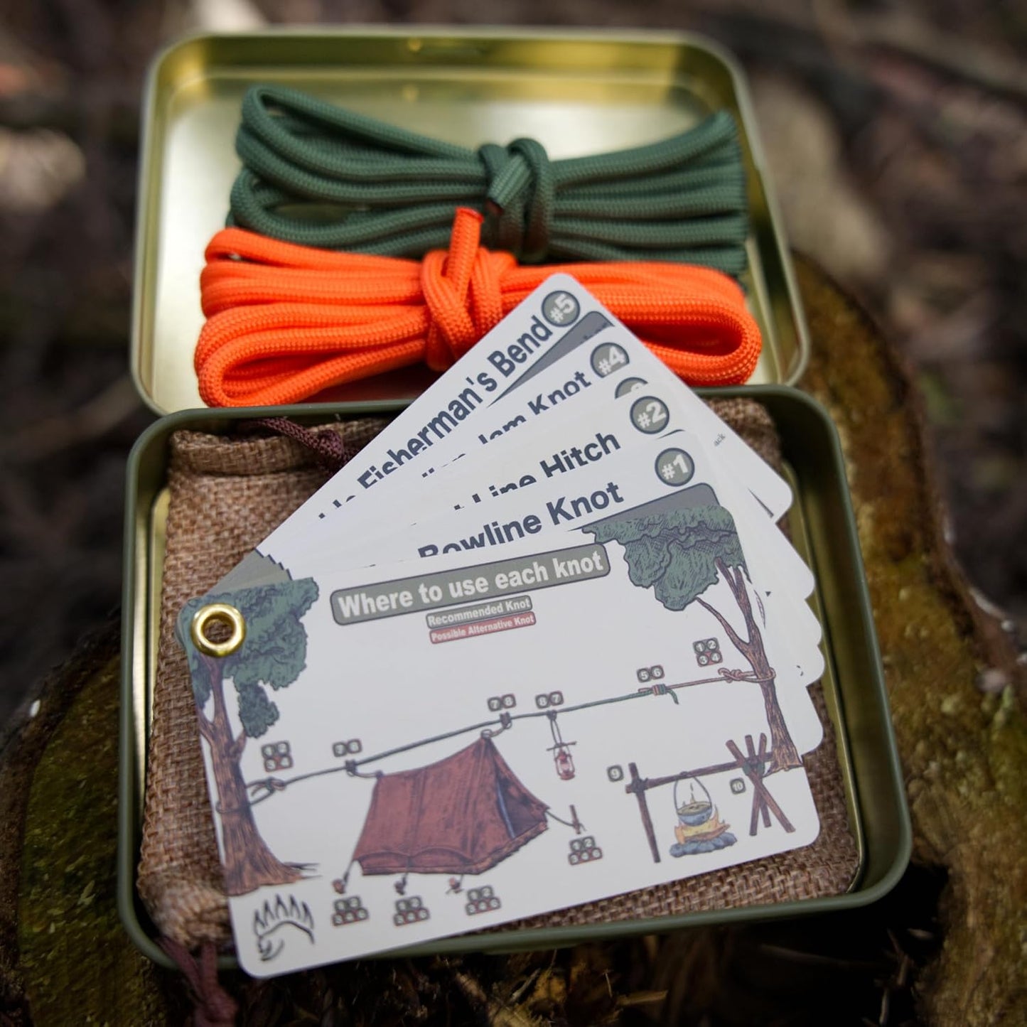 The Bear Essentials Knot Tying Kit - Best Camping Knots Edition - Waterproof Knot Cards, Practice Ropes, in Our Aluminum Tin!